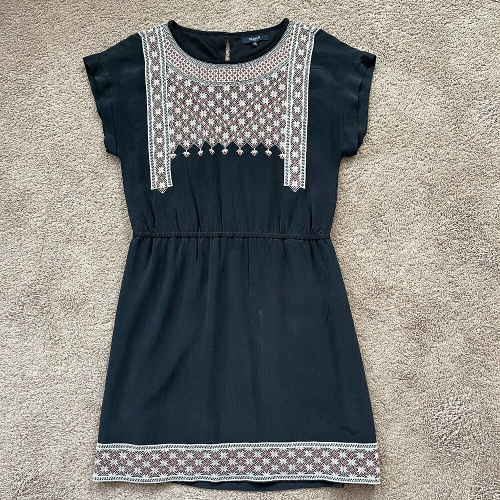 Madewell 100% Silk Embroidered Quilt Pattern LBD Black Boho Lined Dress Size 6